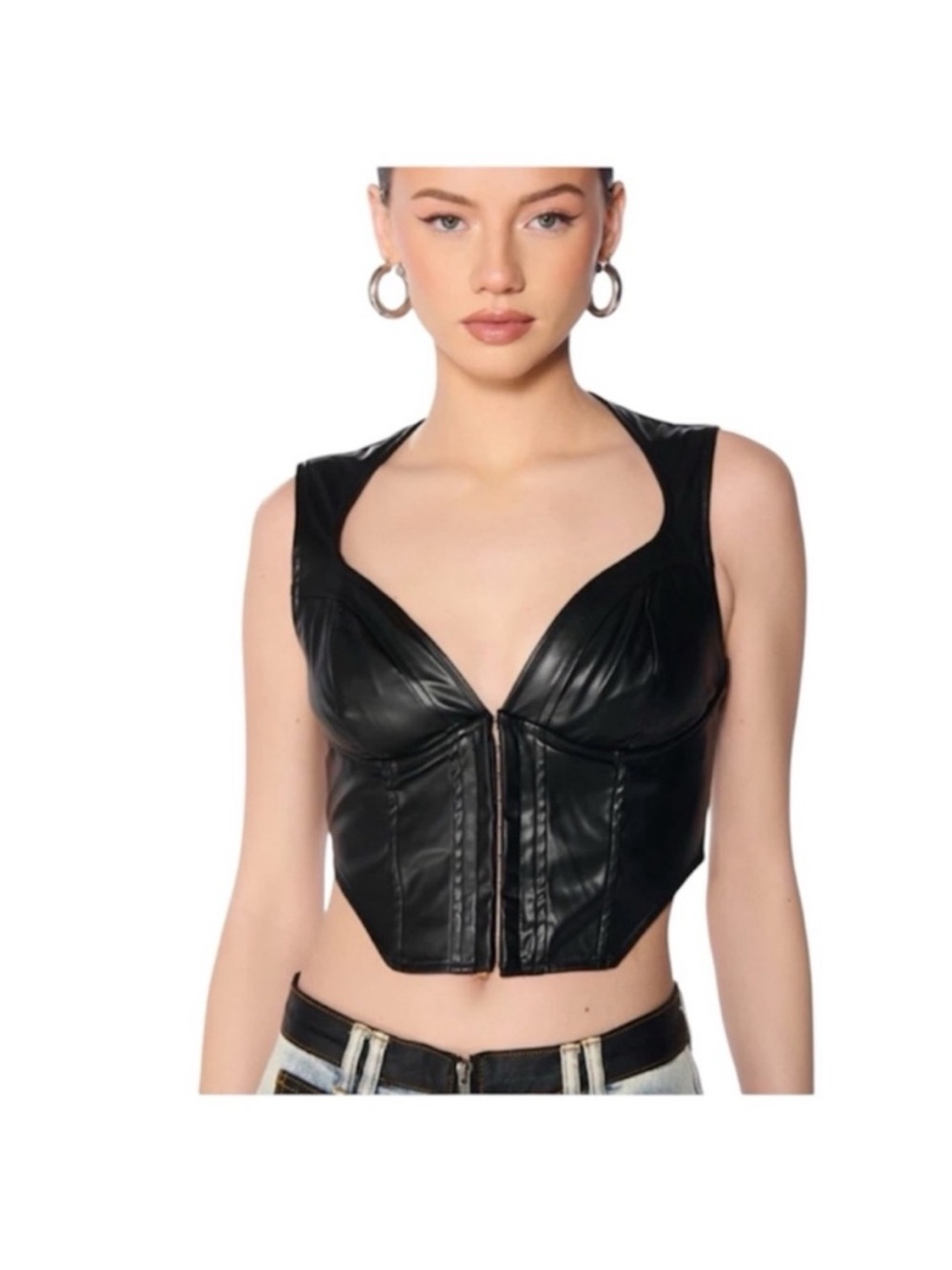 AKIRA Black AYLA Vegan Leather Corset Zip Front Crop Medium moto biker-core goth